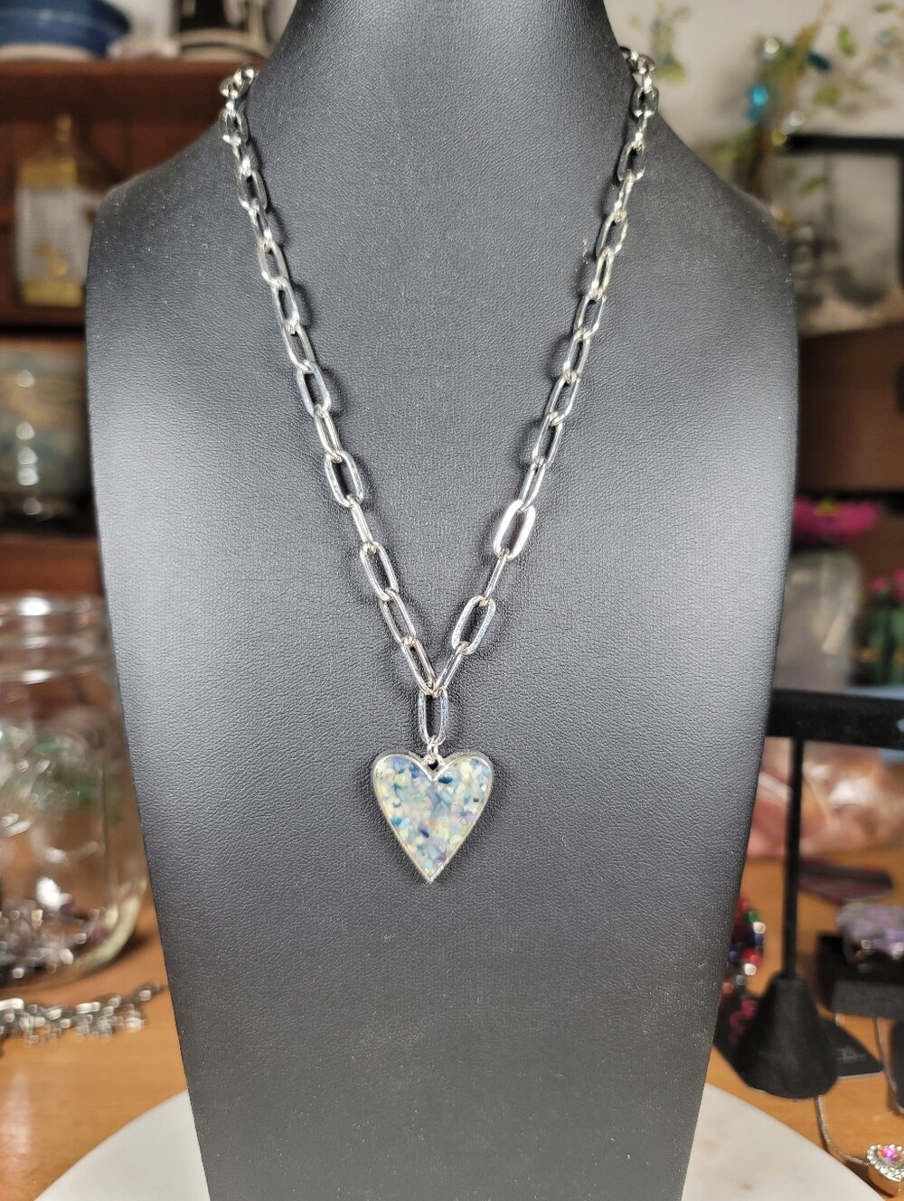 paparazzi Silver-Tone Chain Necklace with Iridescent Blue Heart